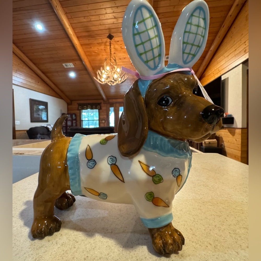 HTF Easter dachshund dog with carrot sweater. New Blue Sky Clayworks